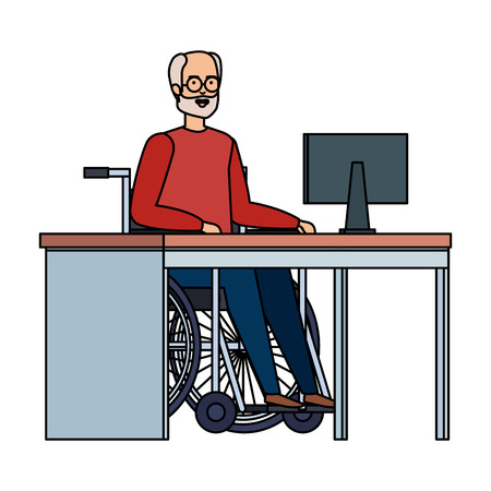 old man in wheelchair in the office vector illustration designのイラスト素材