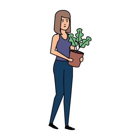 woman with houseplant in pot vector illustration designのイラスト素材