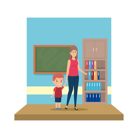 female teacher with boy in the classroom vector illustration designのイラスト素材