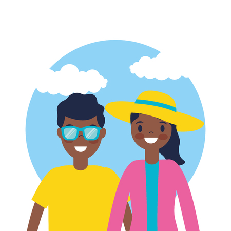 outdoor vacations sticker afroamerican couple smiling vector illustrationのイラスト素材
