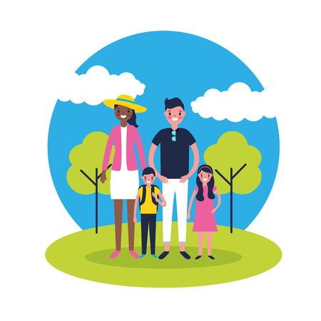 outdoor vacations park couple with kids smiling vector illustrationのイラスト素材