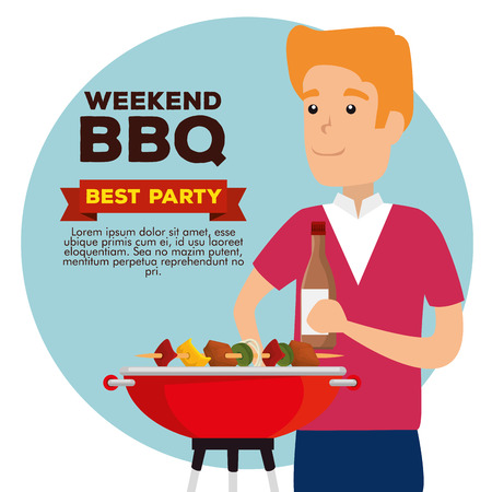 man with sausages and potaties in the grill with bbq vector illustrationのイラスト素材
