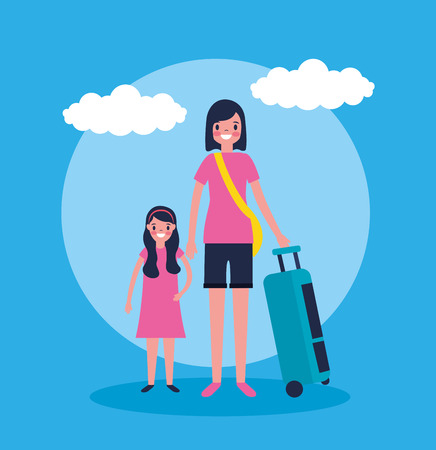 outdoor vacations clouds sticker mother and his daugther vector illustrationのイラスト素材