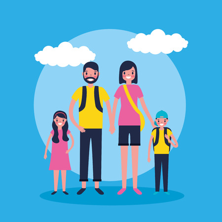outdoor vacations sticker clouds happy family travel vector illustrationのイラスト素材