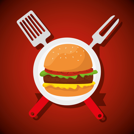 hamburger food with fork and slice utensils vector illustrationのイラスト素材