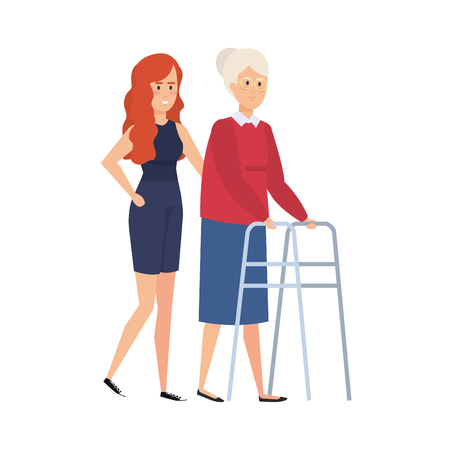 old woman with walker and helper vector illustration designのイラスト素材