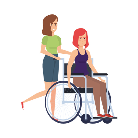 woman in wheelchair and helper characters vector illustration designのイラスト素材