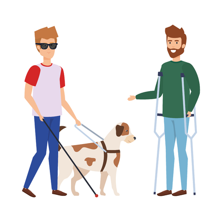 blind man with guide dog and man with prosthesis vector illustrationのイラスト素材