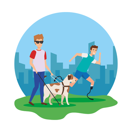 blind man with guide dog and man with prosthesis vector illustrationのイラスト素材