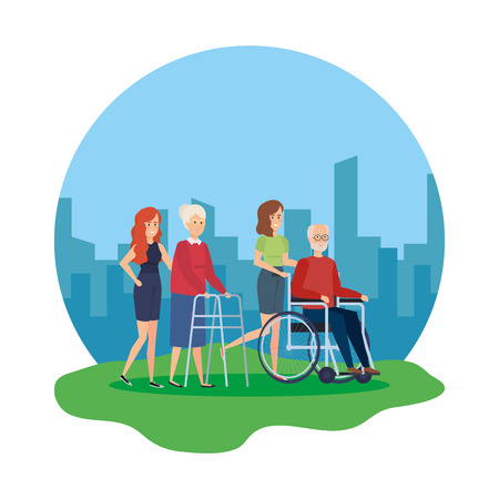 old man in wheelchair and old woman with walker vector illustrationのイラスト素材