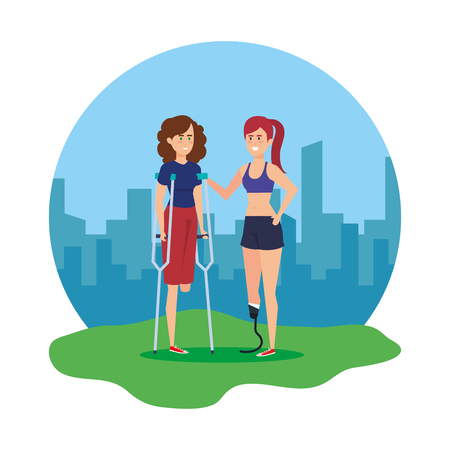 women with crutches and prosthesis characters vector illustration designのイラスト素材