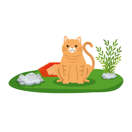 cute cat with sandbox in the grass vector illustration designのイラスト素材
