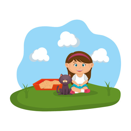 cute cat and girl with sandbox vector illustration designのイラスト素材