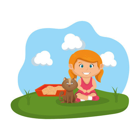 cute cat and girl with sandbox vector illustration designのイラスト素材