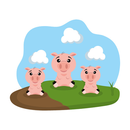 cute family pigs in the camp vector illustration designのイラスト素材