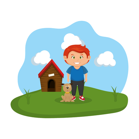 cute dog and boy with house wooden vector illustration designのイラスト素材
