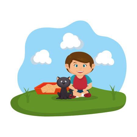 cute cat and boy with sandbox vector illustration designのイラスト素材