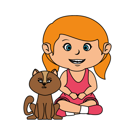 beautiful little girl with cat vector illustration designのイラスト素材
