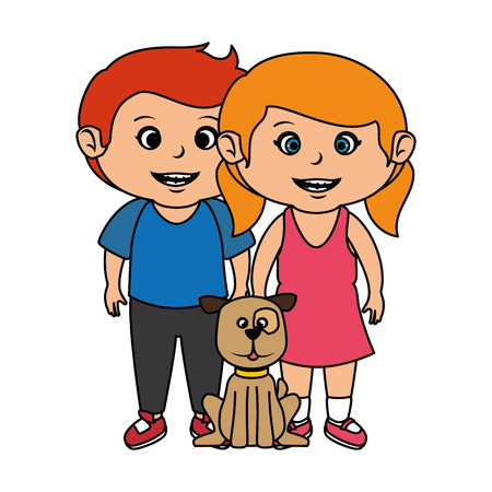 cute little kids couple with dog vector illustration designのイラスト素材