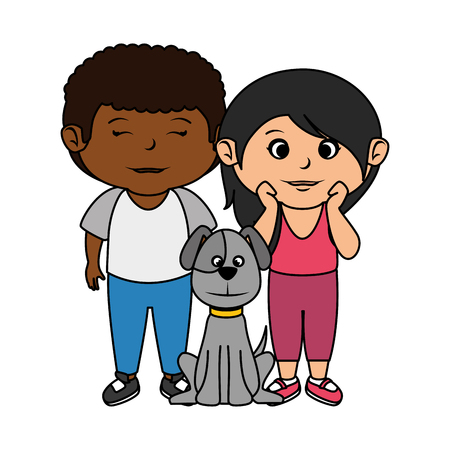 cute little kids couple with dog vector illustration designのイラスト素材
