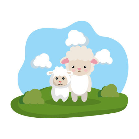 cute sheeps couple in the camp vector illustration designのイラスト素材