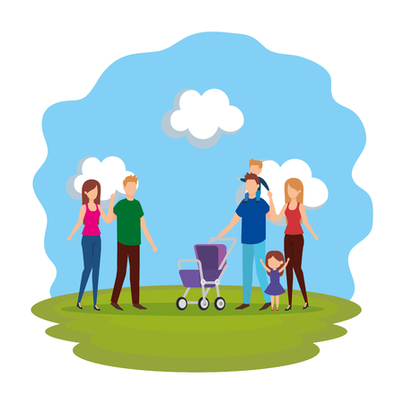 parents couple with cart baby in the park vector illustration designのイラスト素材