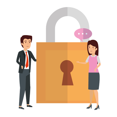 business couple talking with padlock vector illustration designのイラスト素材