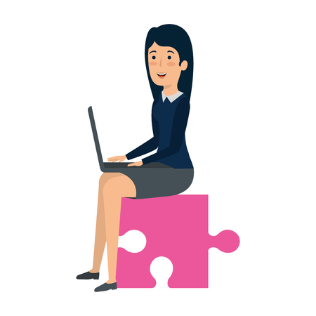 businesswoman sitting in puzzle piece with laptop vector illustrationのイラスト素材