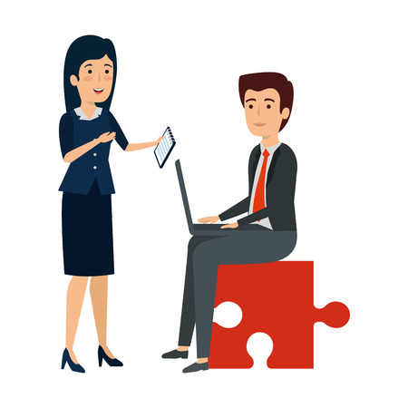 business couple sitting in puzzle piece with laptop vector illustrationのイラスト素材