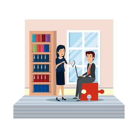 couple with puzzle piece using laptop in workplace vector designのイラスト素材