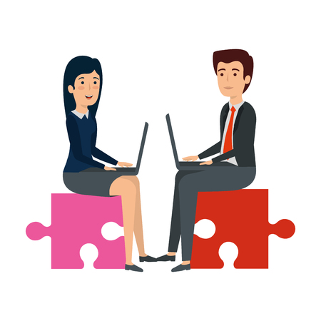 business couple sitting in puzzle piece with laptop vector illustrationのイラスト素材