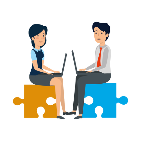business couple sitting in puzzle piece with laptop vector illustrationのイラスト素材