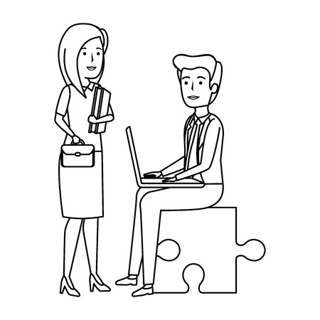business couple sitting in puzzle piece with laptop vector illustrationのイラスト素材