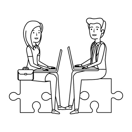 business couple sitting in puzzle piece with laptop vector illustrationのイラスト素材