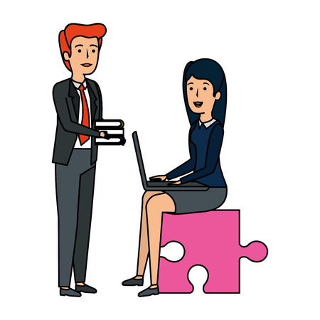 couple sitting in puzzle piece with laptop and books vector illustrationのイラスト素材