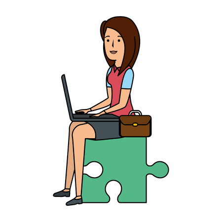 businesswoman sitting in puzzle piece with laptop vector illustrationのイラスト素材