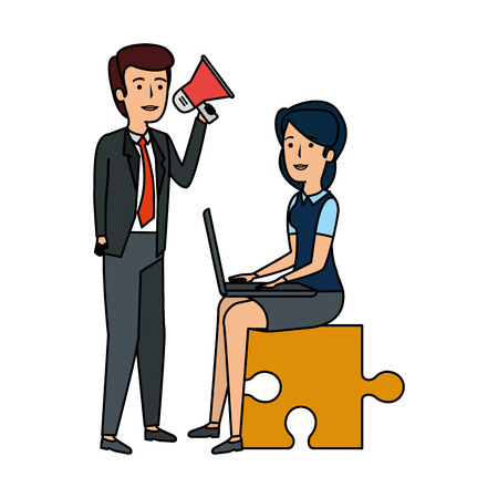 couple sitting in puzzle piece with laptop and megaphone vector designのイラスト素材