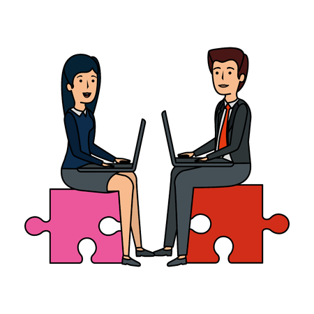 business couple sitting in puzzle piece with laptop vector illustrationのイラスト素材