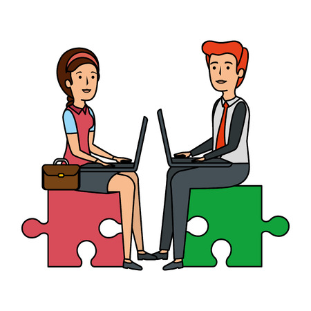 business couple sitting in puzzle piece with laptop vector illustrationのイラスト素材