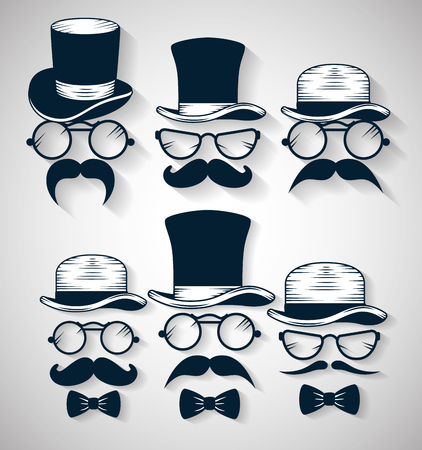 set tie bow with hat and glesses with mustache vector illustrationのイラスト素材