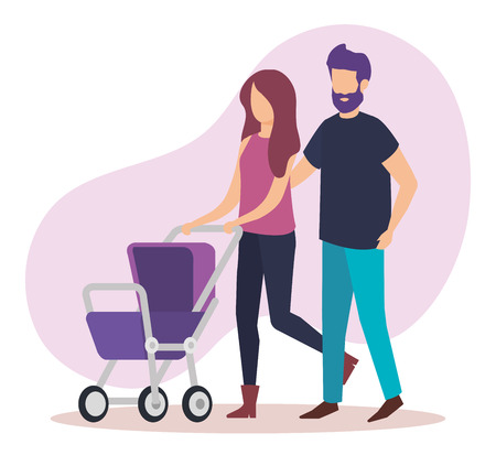 parents couple with cart baby characters vector illustration designのイラスト素材