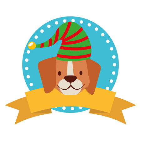 dog merry christmas ribbon label vector illustrationのイラスト素材