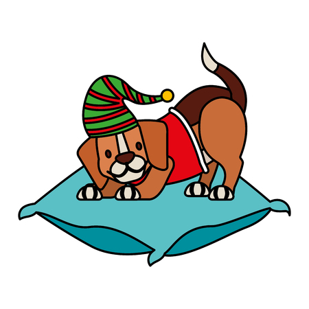 dog with hat on cushion merry christmas vector illustration vector illustrationのイラスト素材