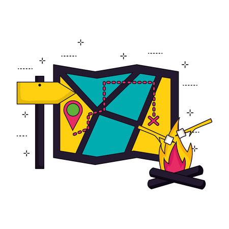 map location bonfire and arrow guide camping summer vector illustrationのイラスト素材