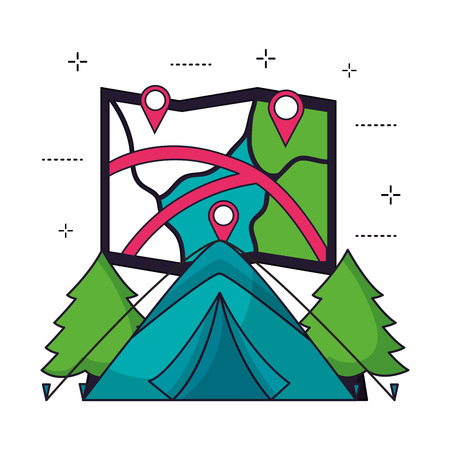 tent map and forest camping summer vector illustrationのイラスト素材
