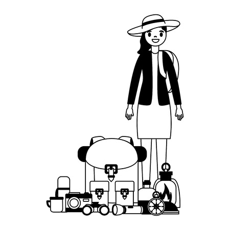 woman with backpack and equipment camping vector illustrationのイラスト素材