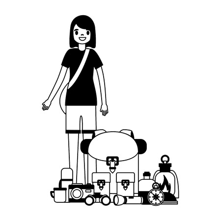 woman with backpack and equipment camping vector illustrationのイラスト素材