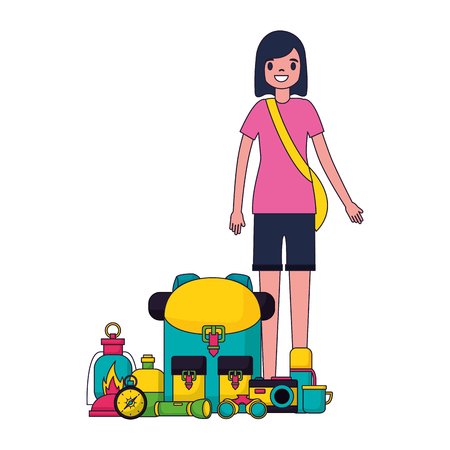 woman with backpack and equipment camping vector illustrationのイラスト素材