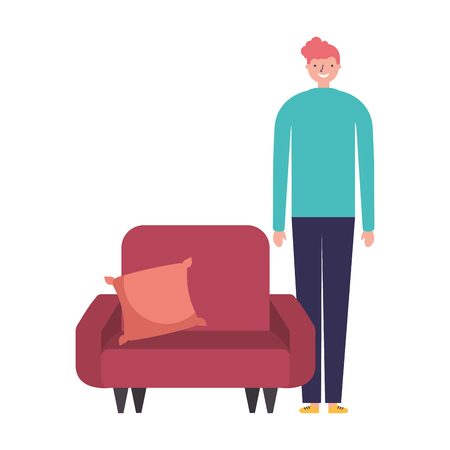 man standing near sofa with cushion vector illustrationのイラスト素材