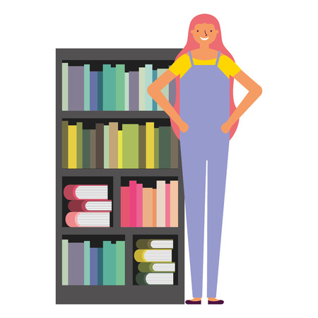 woman with bookshelf books literature vector illustrationのイラスト素材